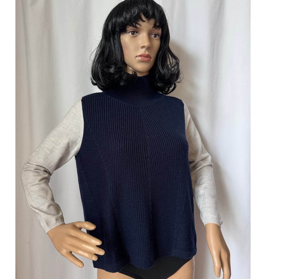 Karen Millen Mock Neck Wool Blend Sweater navy gray sleeves small